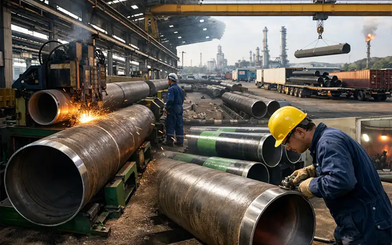 Workers cutting and coating steel pipes in an industrial pipe fabrication factory for oil, gas, and water projects-banner