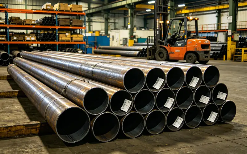 Industrial steel pipes in warehouse, carbon steel pipe stock for construction