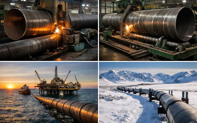 LSAW and SSAW steel pipe manufacturing process and real-world applications including factory welding, offshore pipeline installation, and cold region pipeline infrastructure-banner