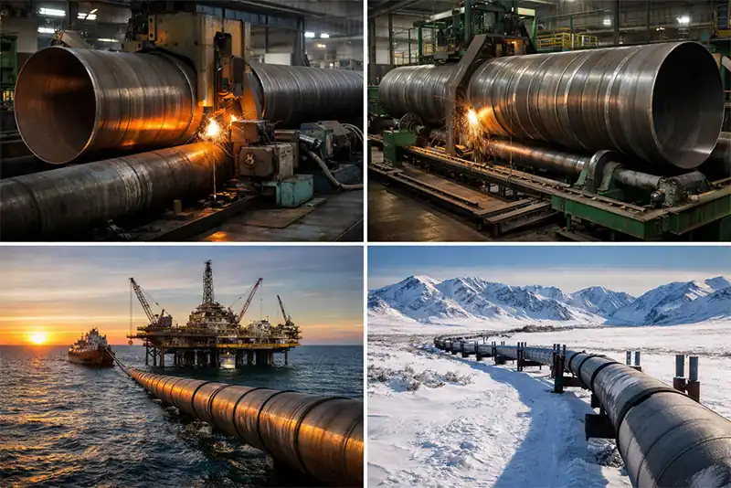 LSAW and SSAW steel pipe manufacturing process and real-world applications including factory welding, offshore pipeline installation, and cold region pipeline infrastructure