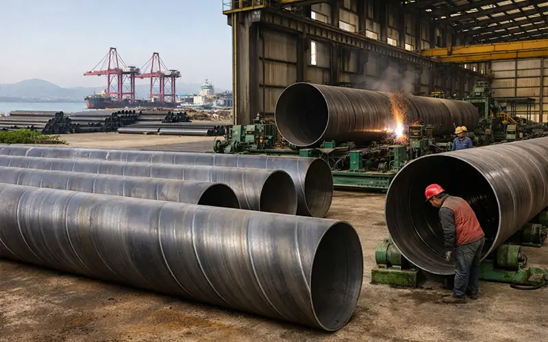 Large diameter spiral steel pipes (SSAW) being welded and inspected in a China manufacturing factory with port logistics background-banner