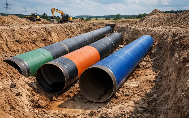 SSAW water pipes with 3LPE, 3LPP and FBE coatings installed in trench during underground steel pipe construction for water infrastructure project