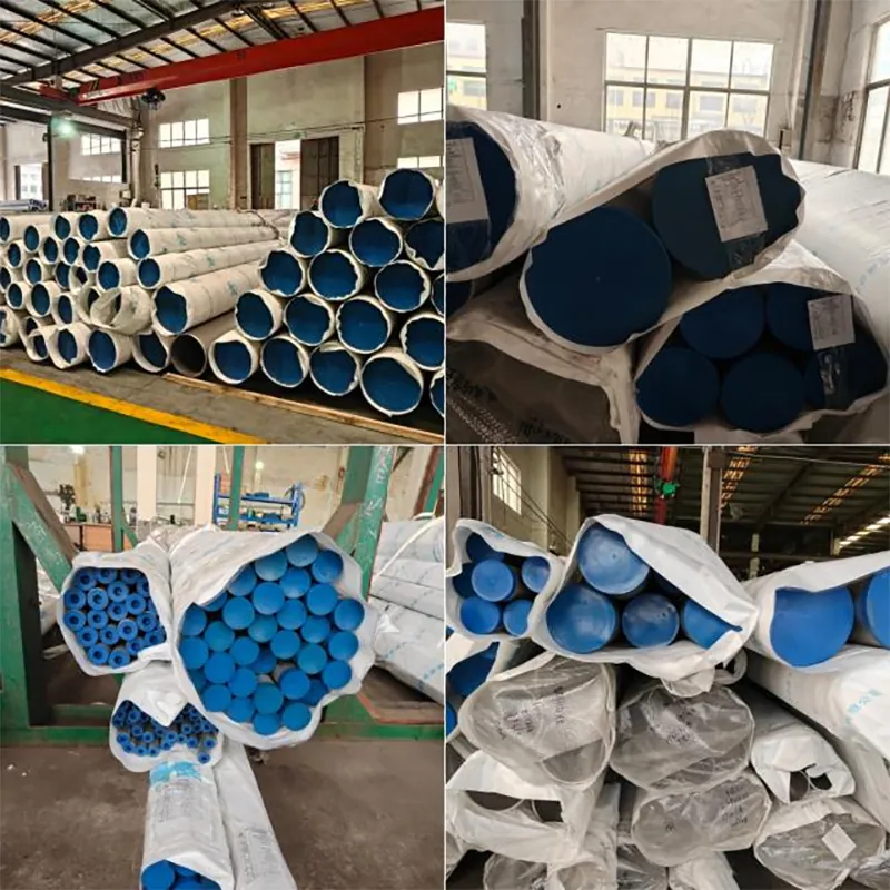 Export packaging of stainless steel pipes with protective blue plastic end caps and wrapping film.