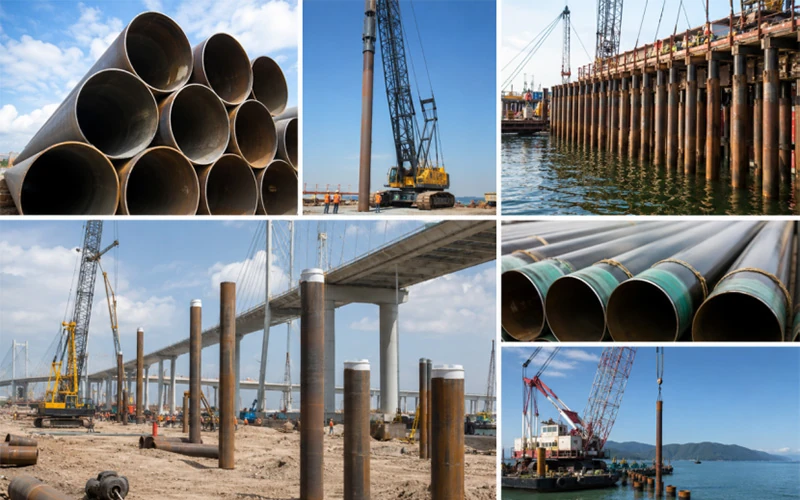 ASTM A252 steel pipe piles used in marine docks, bridge foundations, and offshore piling construction projects banner