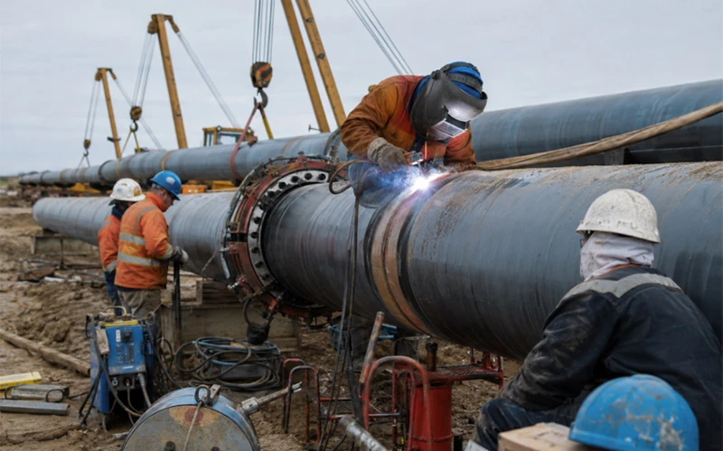 Field welding of large diameter ERW and LSAW steel pipes during pipeline construction on coated carbon steel pipe banner