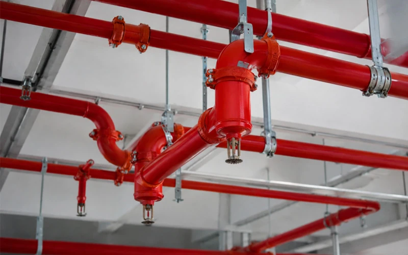 Commercial fire sprinkler piping system with grooved steel pipe fittings and welded connections installed on an industrial building ceiling banner