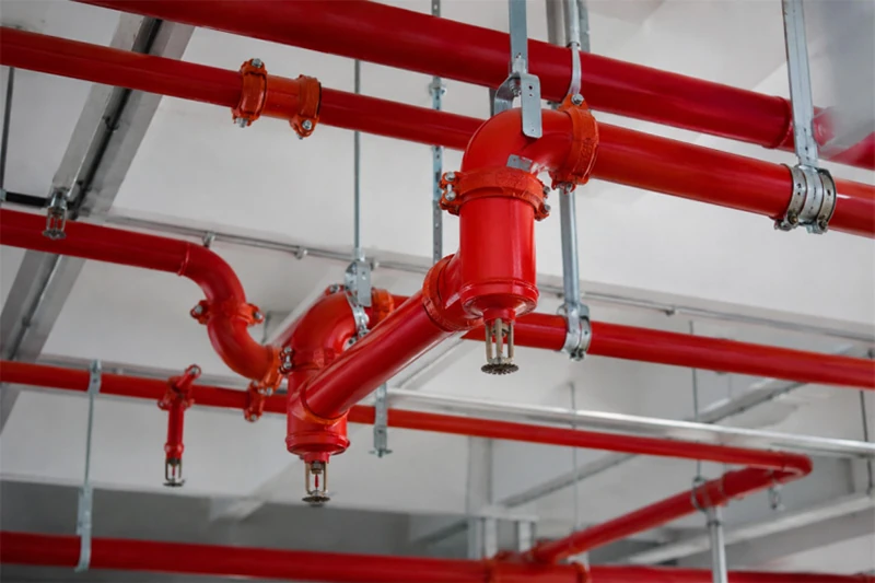 Commercial fire sprinkler piping system with grooved steel pipe fittings and welded connections installed on an industrial building ceiling banner