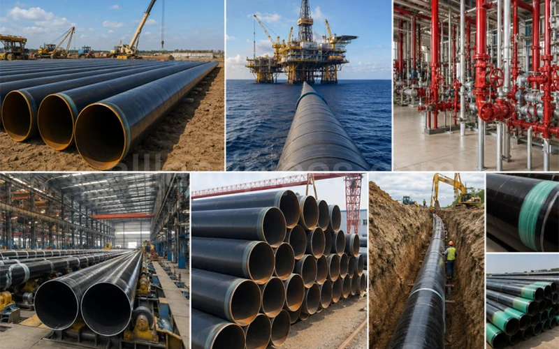 Industrial steel pipeline construction onshore and offshore using high-pressure steel pipes with corrosion-resistant coating banner