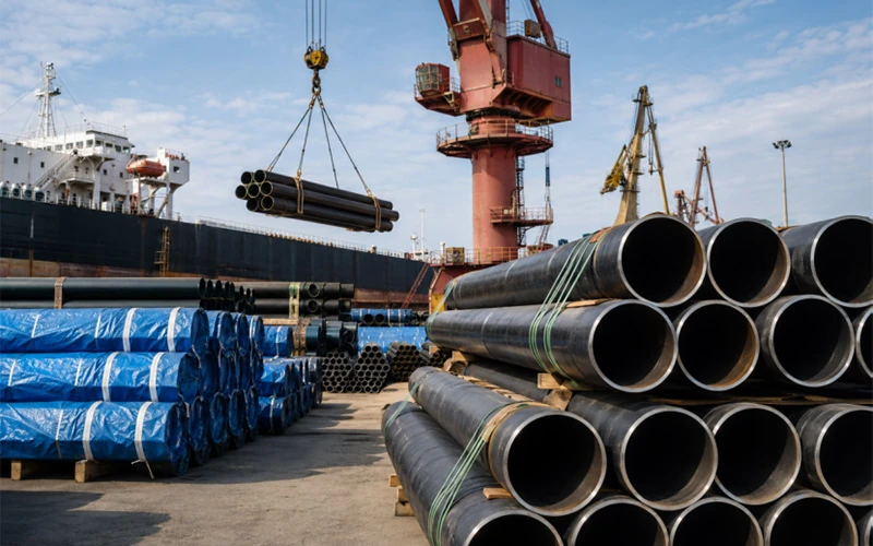 Large carbon steel pipes being loaded at an industrial port for overseas shipping from China, showcasing steel pipe export and logistics operations.