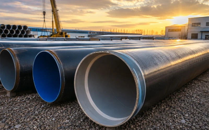 Large-diameter LSAW and SSAW steel pipes stored at an industrial yard for potable water pipeline construction with crane lifting equipment at sunset banner