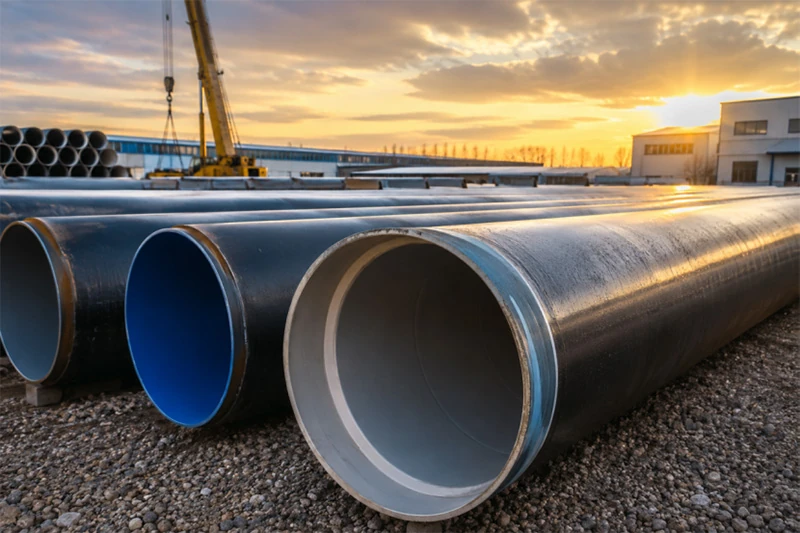 internal lining potable water steel pipes lsaw ssaw crane pipeline yard sunset