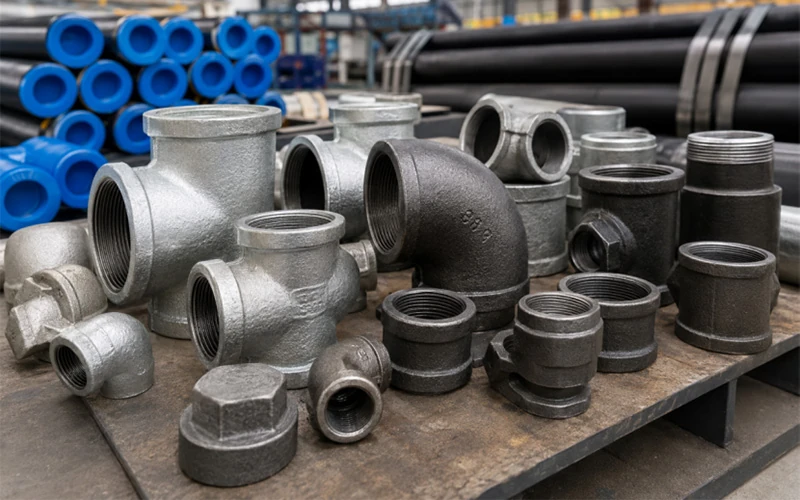 Malleable iron pipe fittings in industrial warehouse for BS EN and ASTM threaded steel pipe systems banner