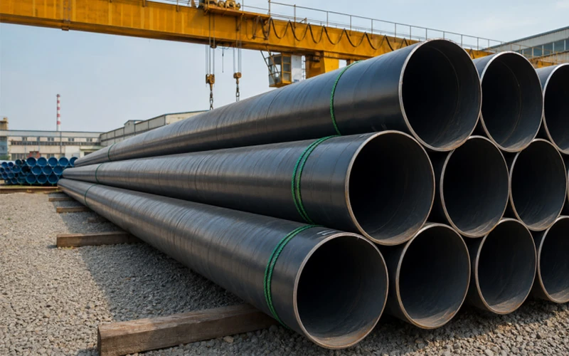 Stacks of large diameter steel pipes in an industrial yard under a gantry crane, representing API 5L PSL1 and PSL2 pipeline materials used in oil and gas infrastructure banner