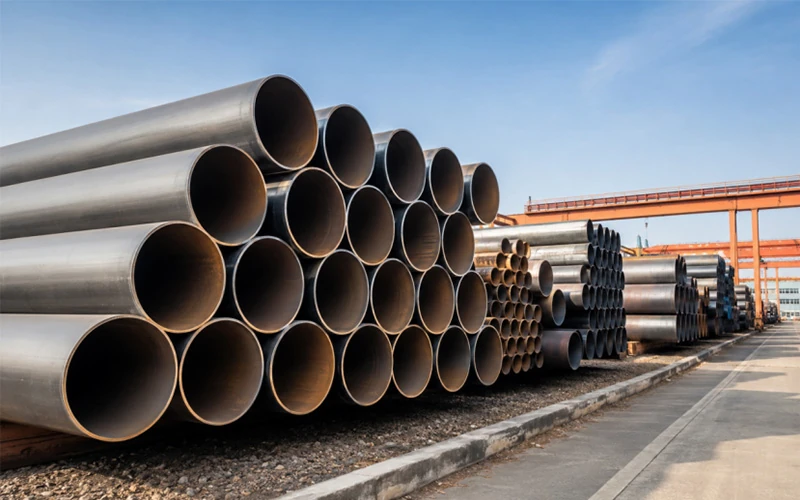 Stacks of large diameter steel pipes stored in an industrial yard illustrating ASTM A671 and ASTM A672 pipe production and supply banner