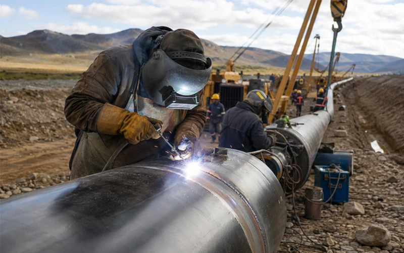 Field welding of large-diameter LSAW steel pipe during long-distance pipeline construction with alignment clamps and girth weld preparation banner