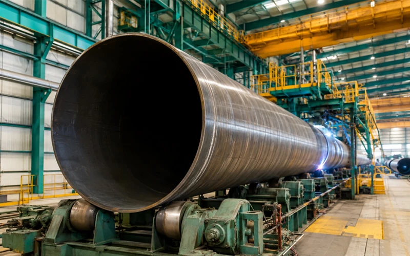 Heavy-wall ASTM A252 LSAW steel pipe piles being manufactured in an industrial factory, showing JCOE forming, submerged arc welding, and offshore foundation pipe production line for marine engineering projects banner.