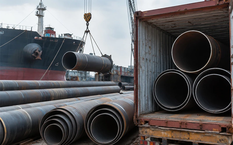 Large diameter LSAW and SSAW steel pipes loaded in shipping containers at a seaport using nested loading to optimize international logistics and freight costs-banner