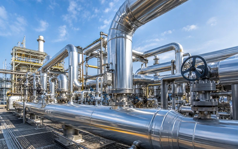 Industrial stainless steel pipe system with welded and seamless piping used in oil and gas, chemical processing, and water treatment facilities