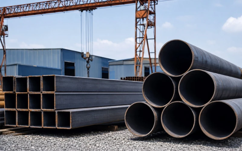ASTM A500 Grade B structural hollow sections and ASTM A53 Grade B steel pipes stacked in an industrial yard, illustrating the difference between structural HSS and pressure pipe applications banner