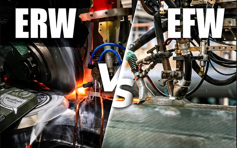 A side-by-side technical comparison image between ERW solid-state resistance welding with cooling water and EFW fusion arc welding with filler metal banner