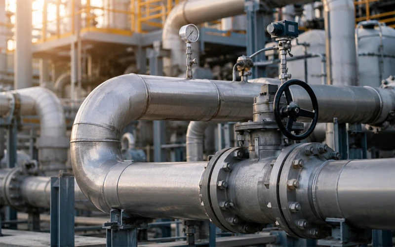 Industrial EN 10217-2 P265GH carbon steel pressure piping system with welded pipes, valve and pressure gauge for maximum allowable working pressure calculations banner