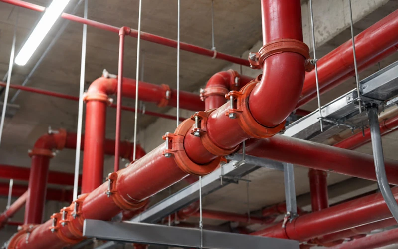 Large-diameter fire sprinkler pipes connected with grooved couplings in a commercial building installation banner