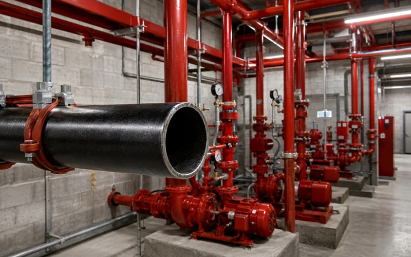 Schedule 40 fire sprinkler steel pipe installed in a commercial fire protection system during hydrostatic pressure testing banner