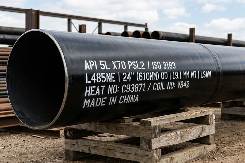 api 5l x70 psl2 and iso 3183 steel pipe with standard industrial stencil marking.