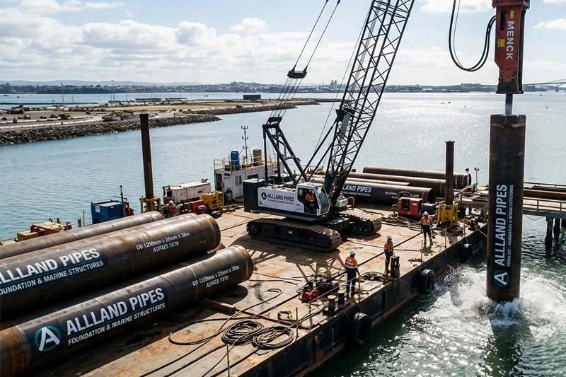 piling pipes and crane for marine foundation construction at a harbor.