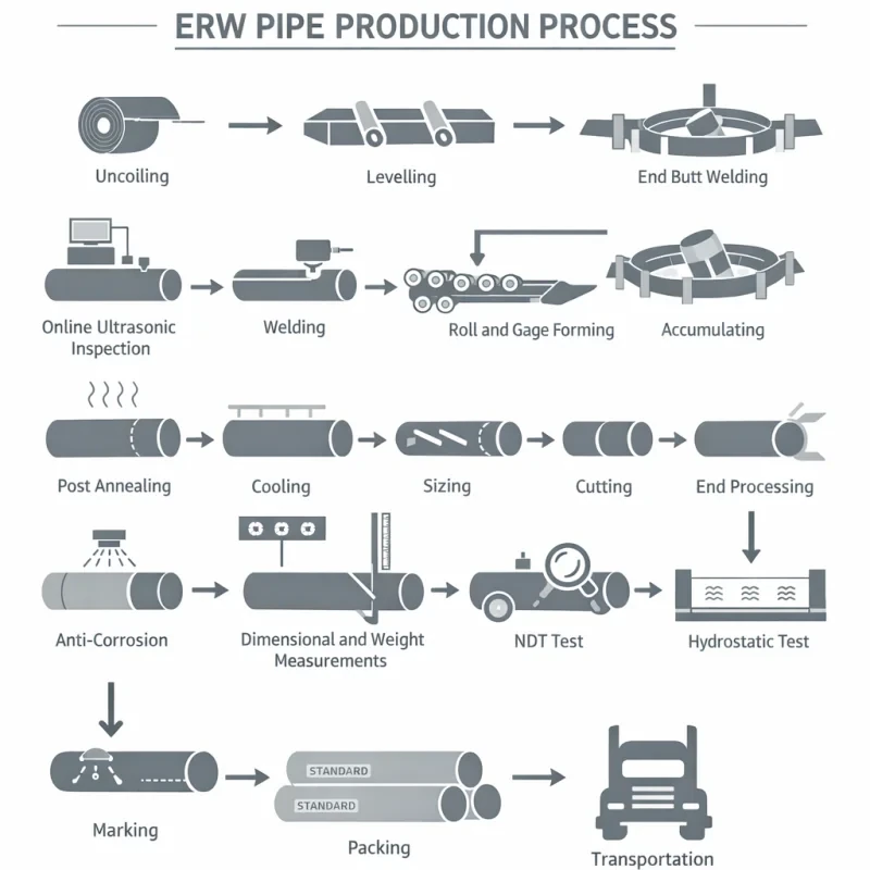 A step-by-step flowchart diagram illustrating the complete ERW steel pipe production process, from uncoiling and high-frequency welding to NDT testing, marking, and packing - Allland Pipes