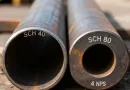 Two industrial steel pipes with rust stains, SCH 40 on the left and SCH 80 (4 NPS) on the right, showing different wall thickness differences.-banner