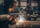A skilled welder performs arc welding on a low carbon steel pipe in an industrial setting, highlighting its excellent weldability. -banner