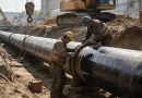 Construction workers installing large diameter AWWA C200 carbon steel drinking water pipelines with external anti-corrosion coating in a municipal trench.-banner