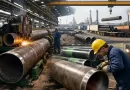 Workers cutting and coating steel pipes in an industrial pipe fabrication factory for oil, gas, and water projects-banner