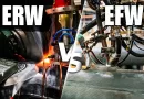 A side-by-side technical comparison image between ERW solid-state resistance welding with cooling water and EFW fusion arc welding with filler metal banner