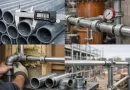 Galvanized steel pipes in various applications including plumbing installation, construction scaffolding, and workshop measurement, showing durable and corrosion-resistant galvanized pipe fittings.-