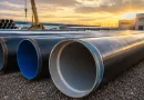 Large-diameter LSAW and SSAW steel pipes stored at an industrial yard for potable water pipeline construction with crane lifting equipment at sunset banner