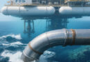 An Allland Pipe offshore floating pipeline emerging from rough ocean waves, connecting to a distant floating oil and gas production platform under a clear sky.