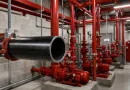 Schedule 40 fire sprinkler steel pipe installed in a commercial fire protection system during hydrostatic pressure testing banner