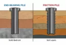 Engineering cross-section comparing load transfer mechanisms: an End-Bearing pile resting on bedrock vs. a Friction pile in soil.-banner